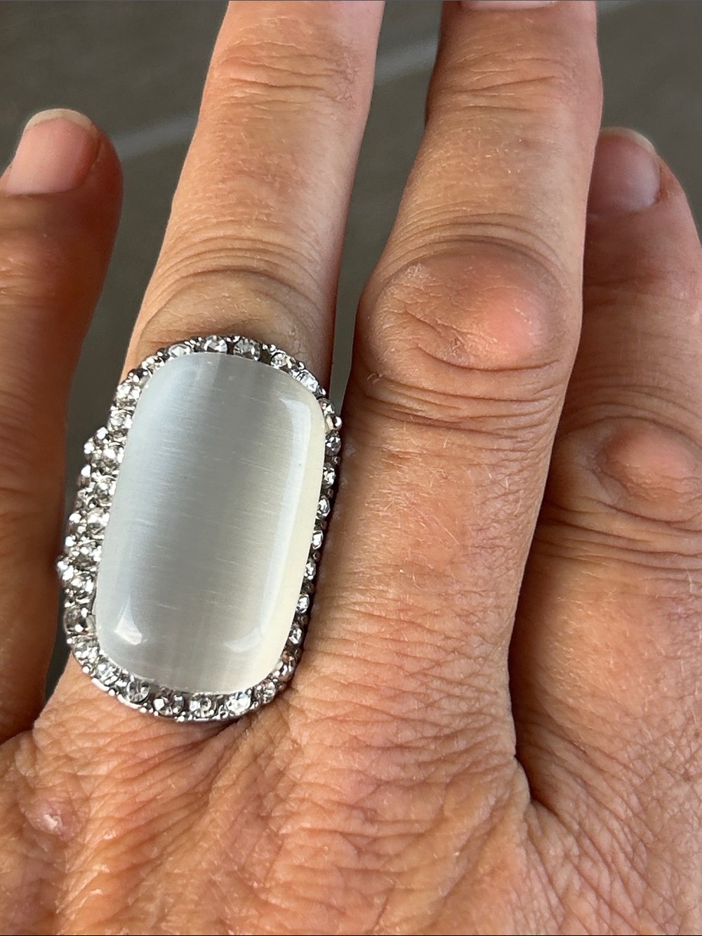 Vintage White Cat's Eye Cocktail Ring with Crystal Halo - Picture 6 of 8